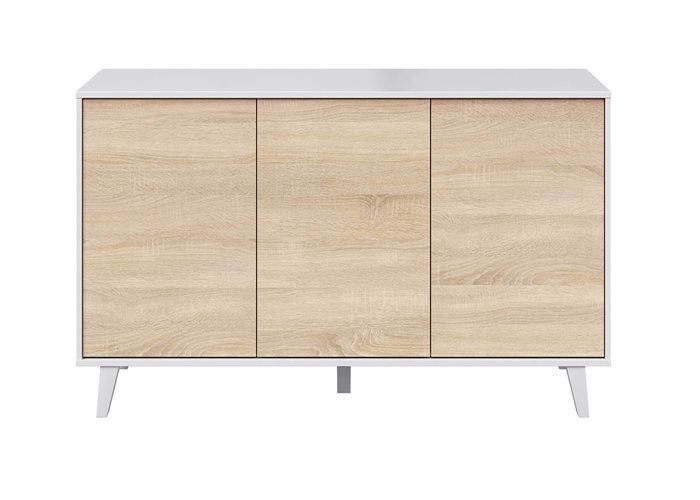 Buffet avec 3 Portes coloris blanc brillant et chêne - Dim : L 154 x P 41 x H 75 cm