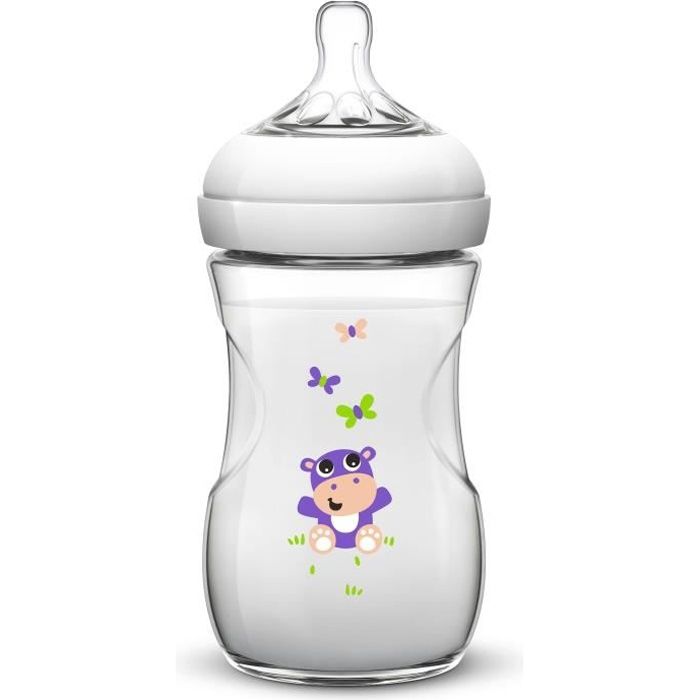 PHILIPS AVENT SCF627/22 Biberon Natural anti-coliques 260 ml - Motif Hippopotame/Papillon
