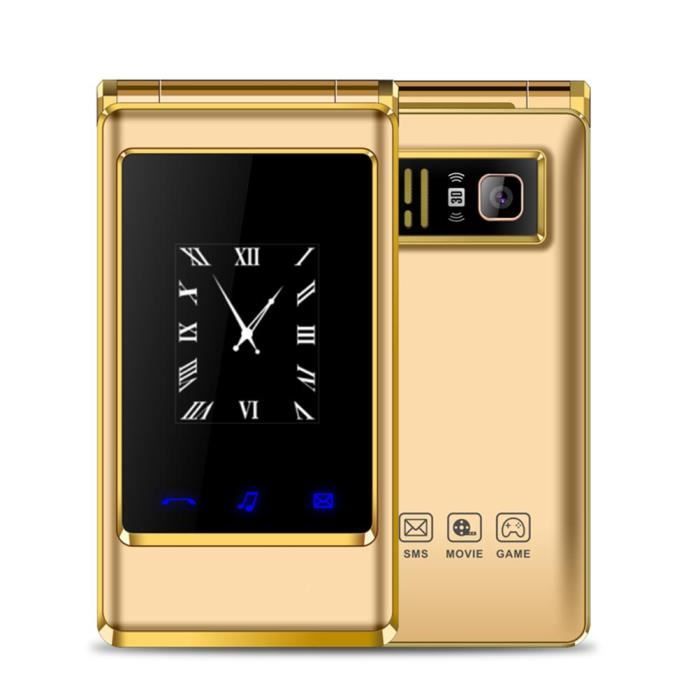 Téléphone portable à clapet Mobile senior Or 2G, Double écran 3,0 pouces, Grandes touches, 6800 mAh batterie, Lampe de poche