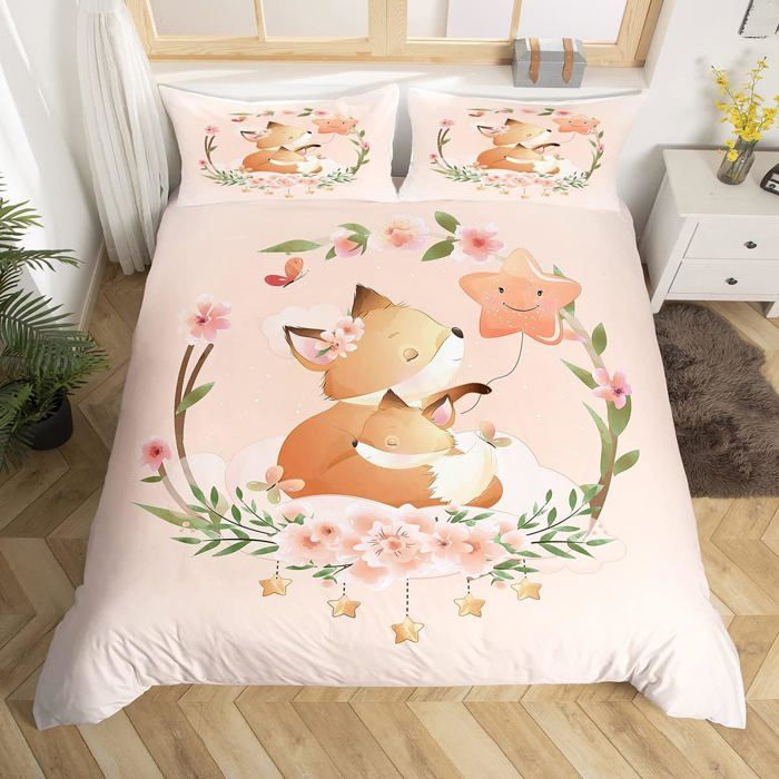Housse De Couette 90x190cm Motif Renard étoiles - Parure De Lit Enfant Adolescent - Microfibre Douce