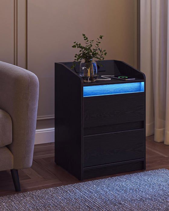 Tables de Chevet avec lumières LED Lot de 2 Station de Chargement et 2 tiroirs Table dappoint avec Ports USB et Prises Noir