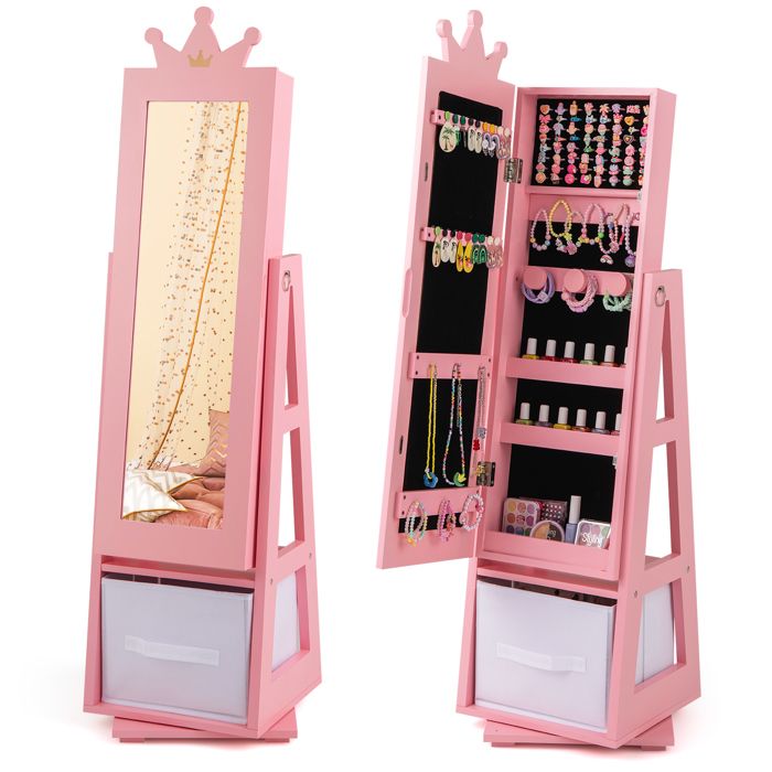 DREAMADE Armoire à Bijoux pour Enfants Miroir de Courtoisie Pleine Longueur Pivotant à 360° Tiroir Pliable Crochets Rose