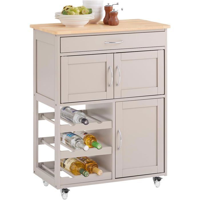 SoBuy Meuble Cuisine à Roulettes avec Plan de Travail Tiroirs et Range-Bouteilles Îlot Compact Cuisine et Salle à Manger 67x86x38cm