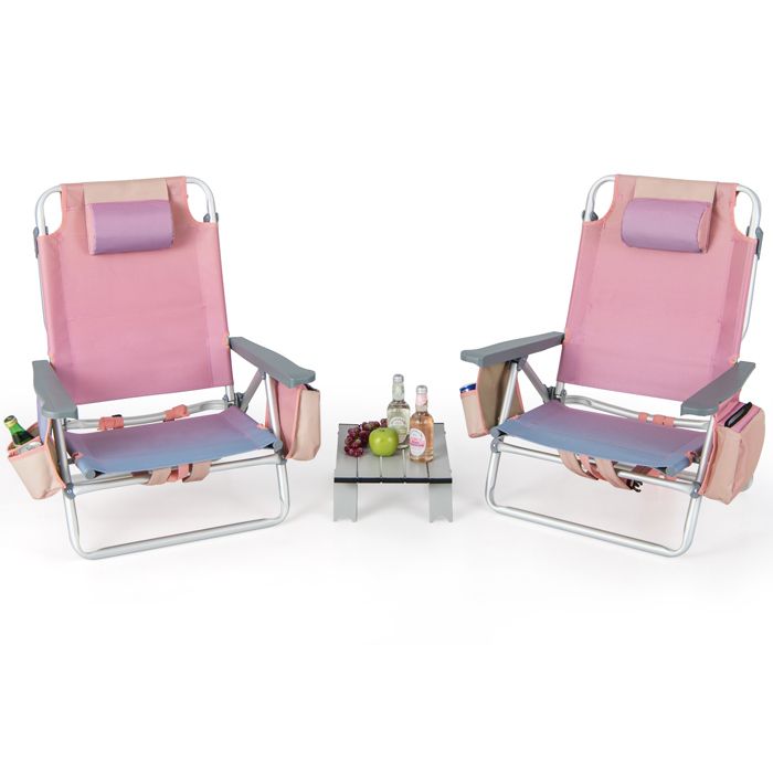 COSTWAY Ensemble 3pcs de 2 Chaises de Camping Pliant et Table Enroulable Appui-tête Dossier Réglable 5 Positions Couler Dégradée