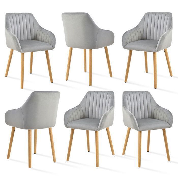 GOEURVANT Chaises de salle à manger minimalistes dossier confortable accoudoirs ergonomiques et pieds bois- Lot de 6 – Gris clair