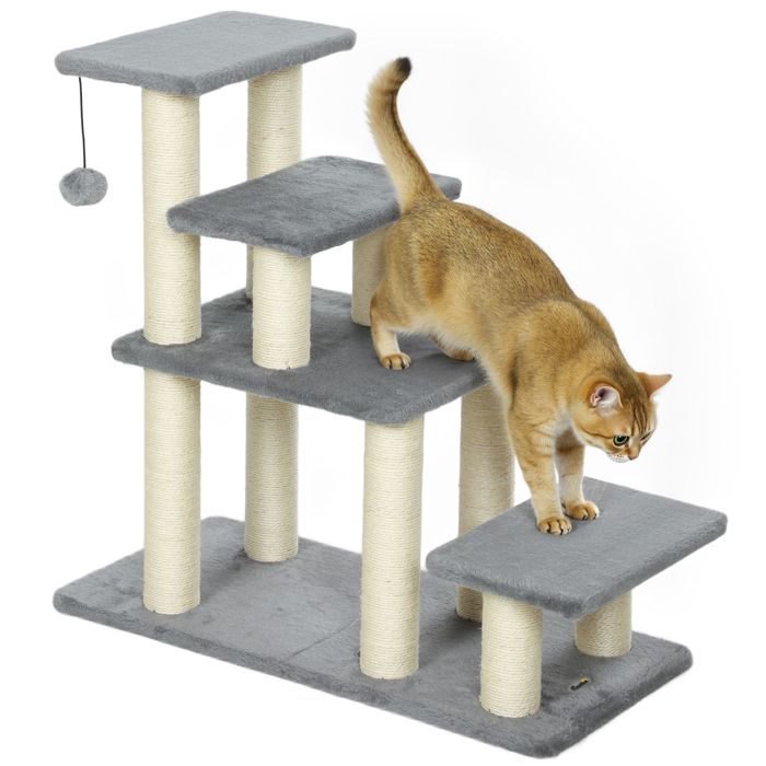 Escalier pour animaux domestiques - PawHut - réglable 3/4 marches - avec griffoirs en sisal et balle - 70 x 32 x 68 cm - gris