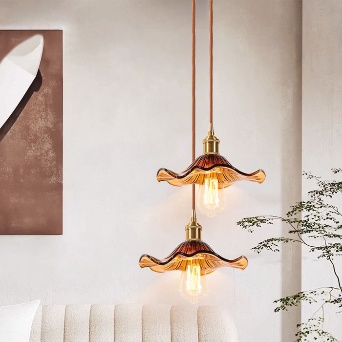 DLGLOLIN 2X Suspension en Verre Moderne Vintage E27 Luminaire Abat-jour en Verre Ambré à Dentelle Lustre pour Salle à Manger