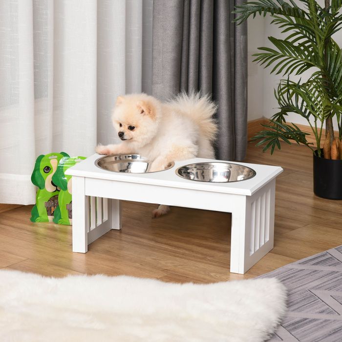 Gamelle Surélevée Double en Bois Blanc Élégante avec 2 Bols Inox 09L pour Chiens/Chats