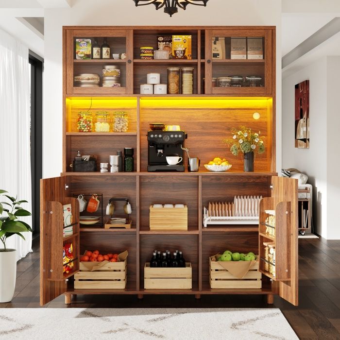 Buffet de Cuisine Armoire haute avec éclairage LEDstyle rétroMeuble de Rangement 140x40x185cmcouleur noyer