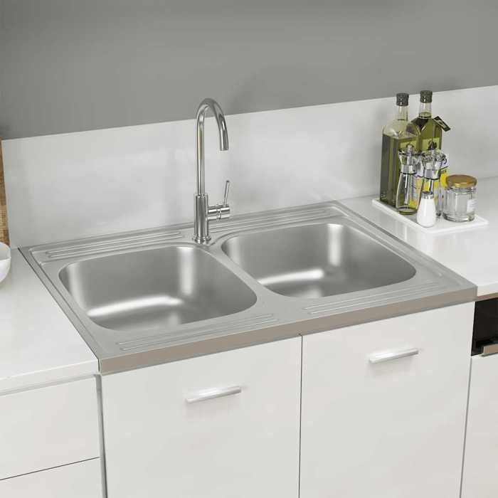 Évier de cuisine double vasque - vidaxl - 800x600 mm - Argenté - Acier inoxydable - Réversible - Avec égouttoir