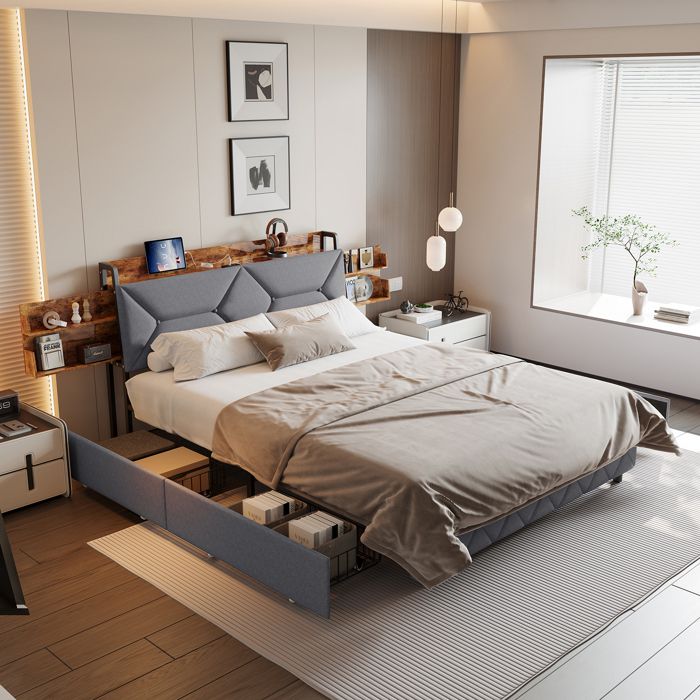 Lit capitonné double 140 x 200 cm Lit avec rangement avec 4 tiroirs et ports USB/Type-C - Convient adultes ou adolescents - Gris