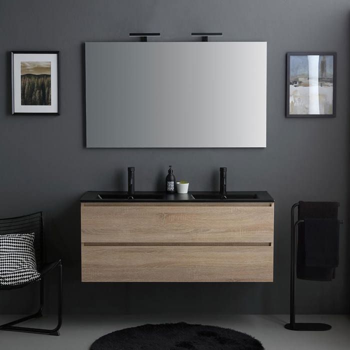 Meuble salle de bains suspendu 120cm chêne avec lavabo noir miroir et lampe Berlin