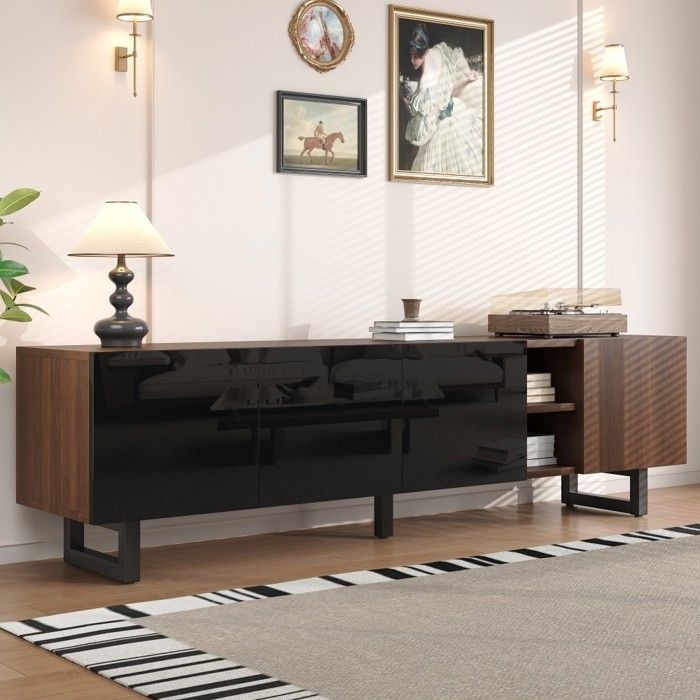 Meuble TV 180x38x50 cm Noir et Naturel Quatre Portes Support TV Intégré Style Bois Vieilli Design Moderne pour Salon
