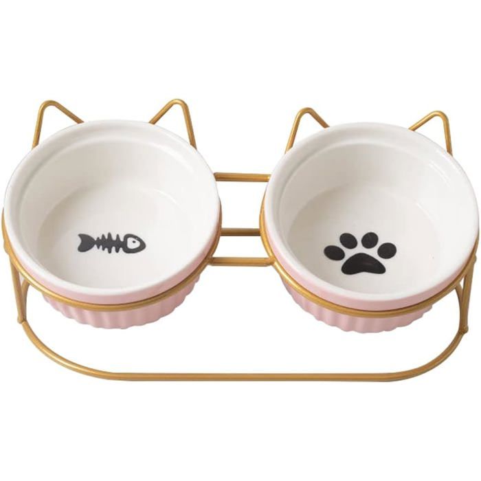 Gamelle haute pour chat gamelle repas en céramique à double paroi (2 x 400 ml) adaptée à la nourriture et à leau (rose doré)