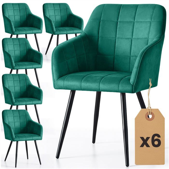 Lot de 6 Chaises rembourrées à surpiqûres carrées LUXANO Vert Bouteille pieds noirs