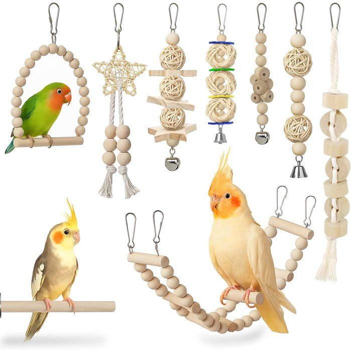 9 Pièces Jouets en Bois pour Oiseaux : Balançoires Échelles Cloches et Accessoires à Mâcher .
