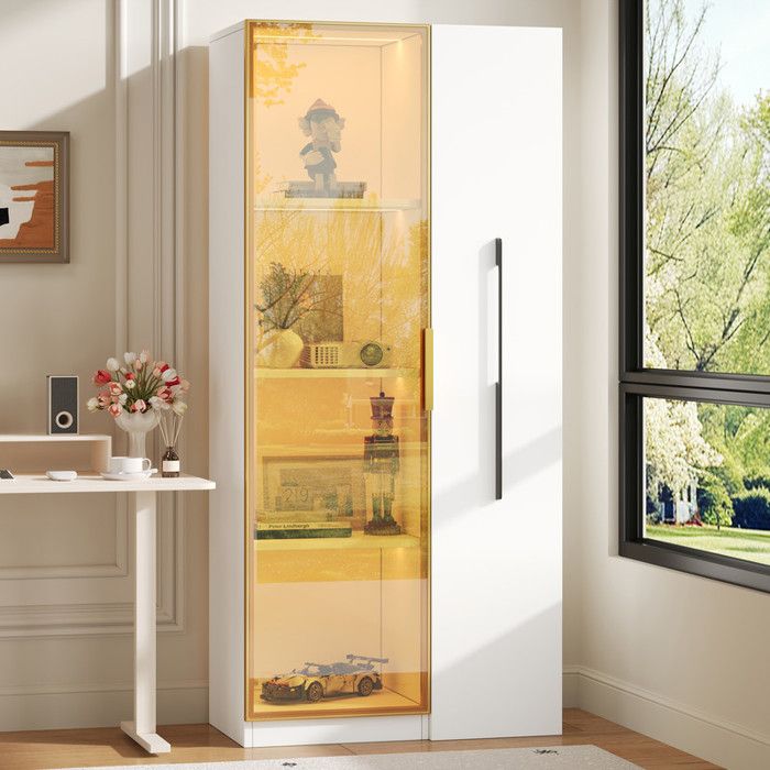 Vitrine avec portes en verre - Éclairage LED intégré - Blanc - MDF - 70x40x160 cm - Tiroirs latéraux - Roulettes