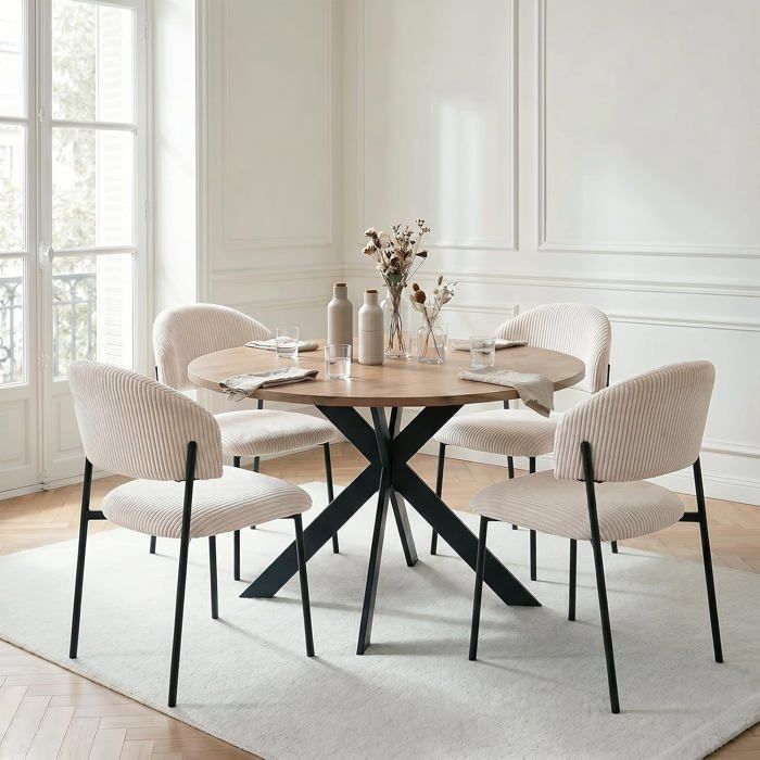 JIEXI Ensemble table et chaises rondes (4 chaises) plateau en MDF chêne avec pieds en métal diamètre 110 cm-Blanc