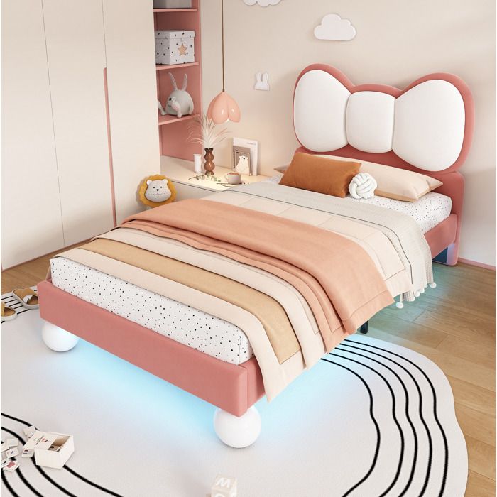 Lit enfant rembourré rose et beige 90 × 200 LED tête de lit nœud sans matelas