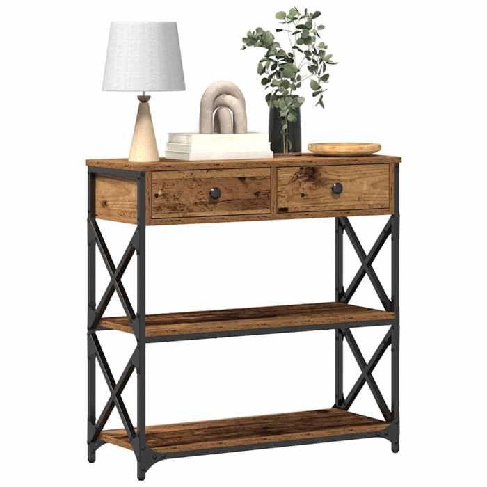 Grand Table dAppoint Marron - Table console - Console DENTREE avec tiroir - Bois Ancien - 75x28x75cm 332 976150611