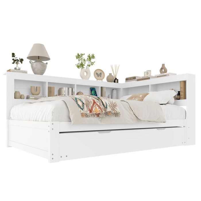 Banquette-Lit Blanc 140x200-Gigogne Prise 2 USB-Sommier Lattes Aggloméré-Sans Matelas Pratique Moderne Élégant Gain Place