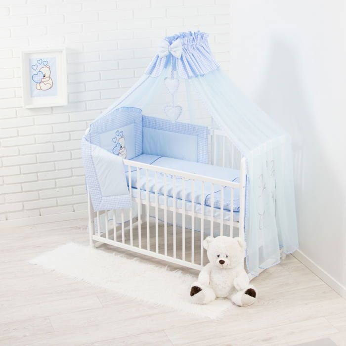 Lit bébé 60x120 cm blanc avec matelas + parure de lit bleue brodée ours cœur – ensemble complet naissance avec accessoires