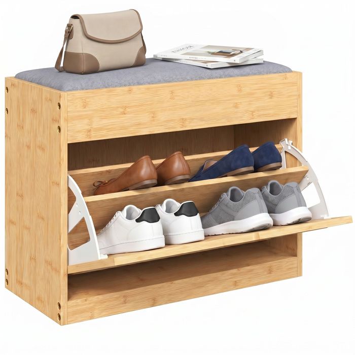 Banc chaussures entrée - HOMCOM - assise rembourrée porte en rotin et étagère réglable - bambou - 63x29x48cm - bois naturel