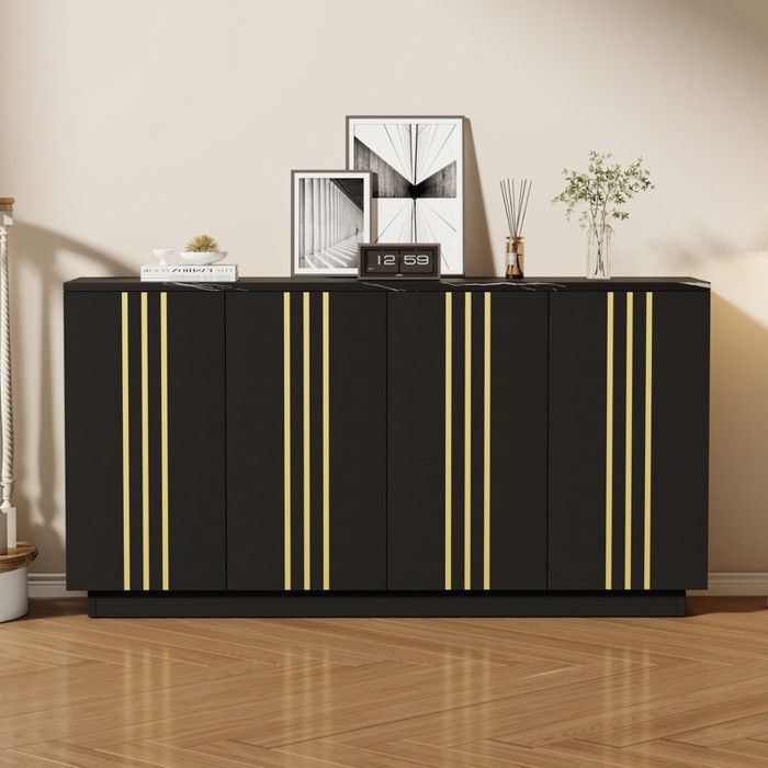 Buffet de salon meuble de rangement 4 portes 35x140x70cm. Design ligne plaqué or meuble dentrée avec cloisons réglables noir+or