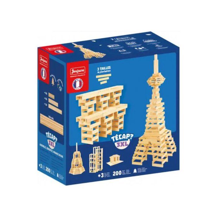 Baril 200 planchettes bois massif Tecap 3XL 3 tailles - Livret idees inclus - Jeu construction Enfant - Set Jouet francais + Carte
