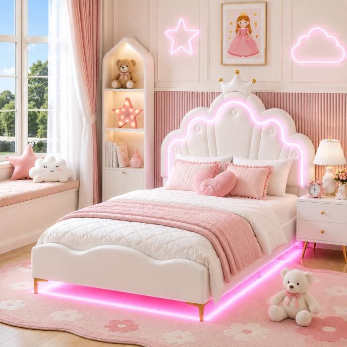 Lit fille 90x200 cm blanc avec sommier lit princesse lit simple sur pieds led cuir Montage facile