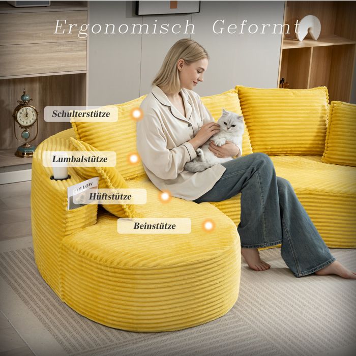 Canapé 3 places courbé en velours côtelé jaune moutarde 250 x 152 x 82 cm avec porte-gobelets et poche latérale