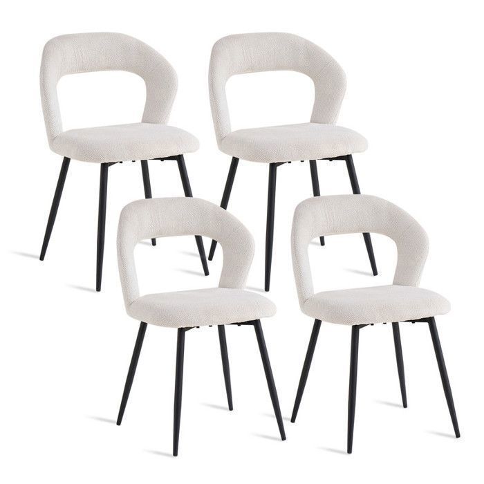 Lot de 4 chaises de salle à manger - Design vintage - Dossier ajouré - Conception ergonomique - Pieds en fer forgé noirs - Blanc