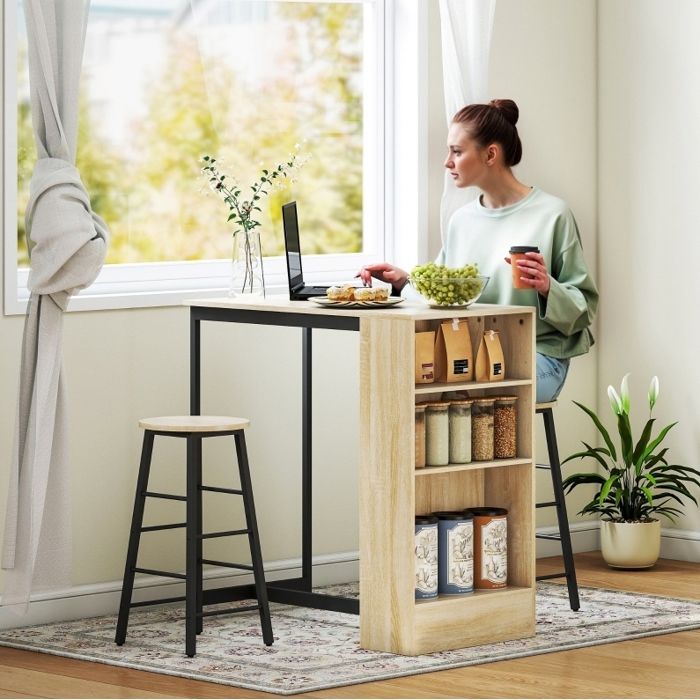 JOINERY Table Bar Ensemble 3 Pièces Rangement 2 Tabourets Acier Noir Décor Chêne 91 x 49 x 91 cm Cuisine Salle À Manger