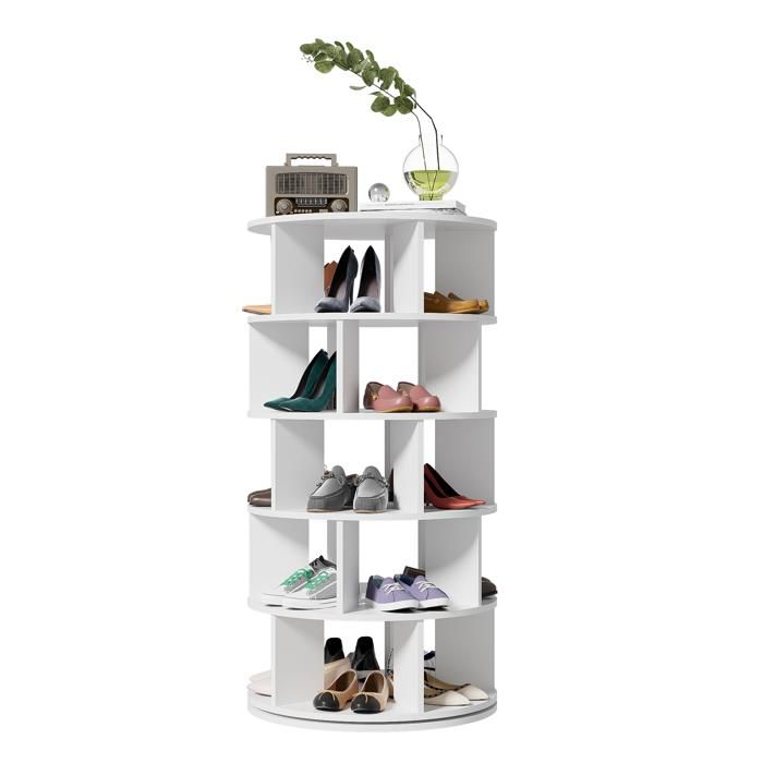 Étagère à chaussures rotative 5 niveaux blanche en panneaux de particules 60 x 60 x 115 cm