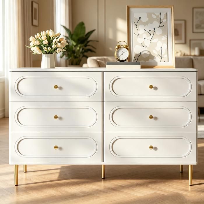 Commode 6 Tiroirs Meuble de Rangement Moderne avec Pieds en Métal pour Salon Chambre 120 x 40 x 75 cm Commode Chambre Blanc