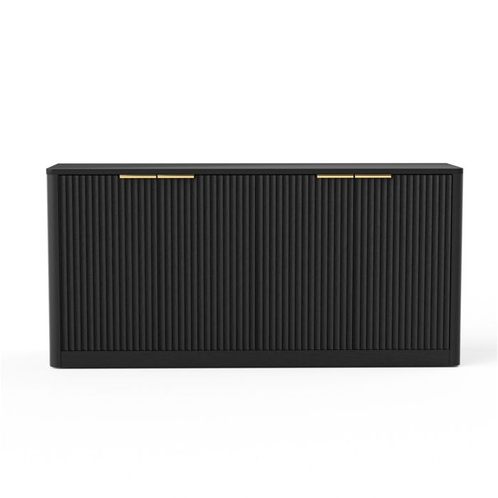 Buffet bas 4 portes - meuble de rangement 150 cm noir a facade ondulee - MDF
