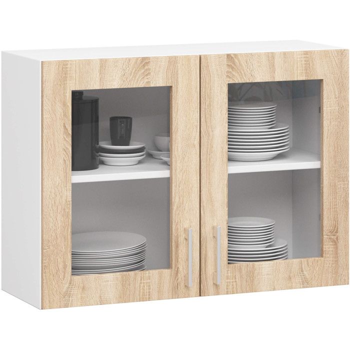 Vitrine de cuisine AKORD LIMA W80 D2 Blanche 80 cm 2 portes façade Chêne Sonoma 2 étagères 80x30 5x58 cm Vitrine de cuisine AKORD LIMA W80 D2 Blanche 80 cm 2 portes façade Chêne Sonoma 2 étagères 80x30 5x58 cm
