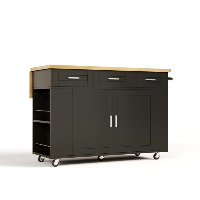 Îlot central de cuisine mobile – plan de travail rabattable – MDF – noir et bois naturel