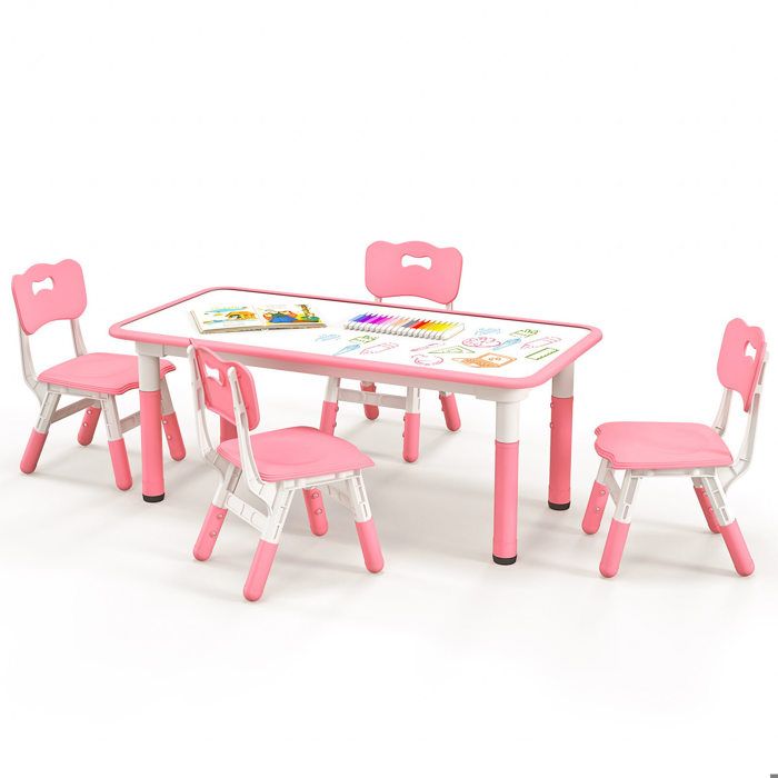 Table enfant réglable 7 positions avec 4 chaises plateau graffiti rose pour dessin repas et jeux dès 18 mois