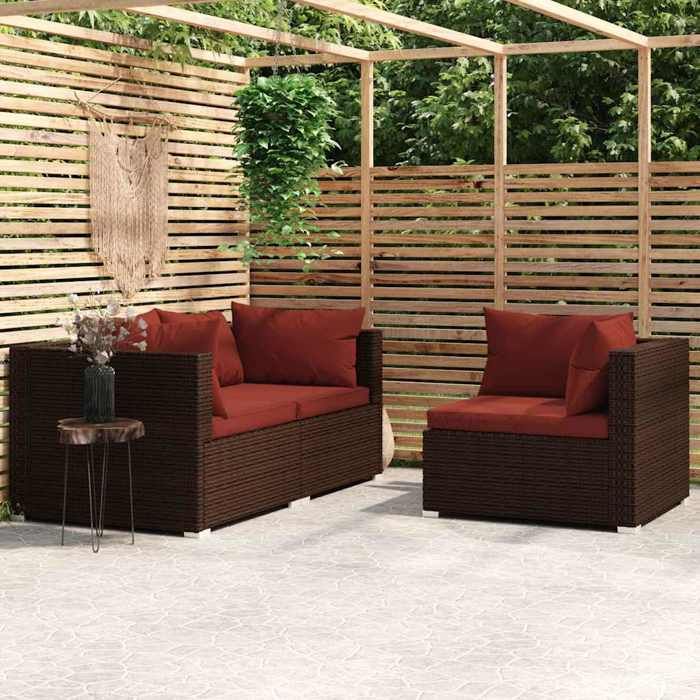 Brun Salon de jardin 3 pcs avec coussins Marron Résine tressée - Siège de balcon LV62325