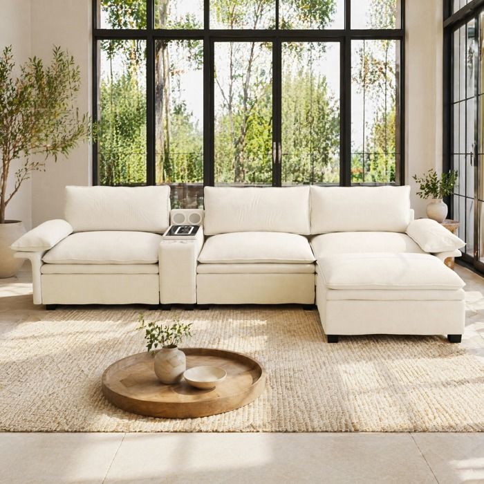Canapé dangle modulable 4 places chenille beige/blanc avec recharge sans fil rangement Bluetooth TYNQER