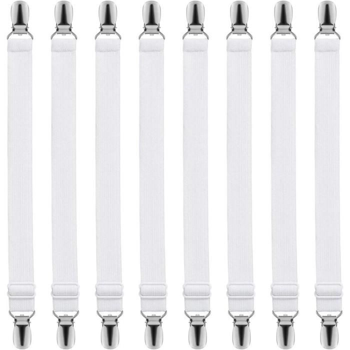 Attaches Draps de Lit Robustes Pince Élastique Réglable pour Maintien de Matelas Blanc x8