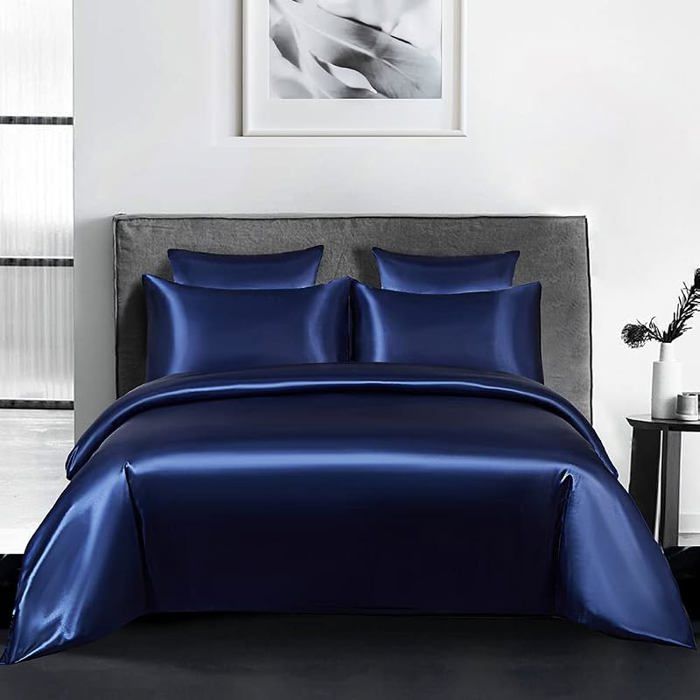 Housse de Couette Satin 200x200 Bleu avec 2 Taies oreiller 65x65 cm  Parure de Lit Adulte 2 200 x 200 + 2 x 65 x HOUSSE DE COUETTE