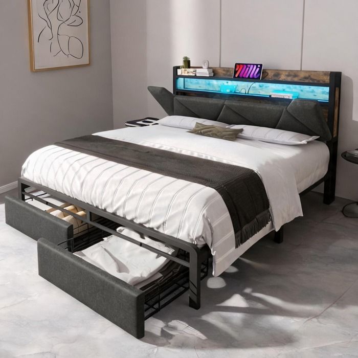 Sommier 140x200 cm avec tête de lit rangeante et éclairage LED revêtement lin cool gray tiroirs et ports USB