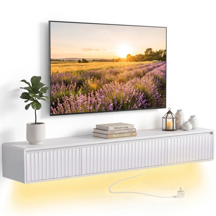 Meuble TV suspendu - HOMCOM - lumières LED et prises - pour 72 pouces - porte cannelée et 2 tiroirs - bois - 160x29 5x23 5cm - blanc Meuble TV suspendu - HOMCOM - lumières LED et prises - pour 72 pouces - porte cannelée et 2 tiroirs - bois - 160x29 5x23 5cm - blanc