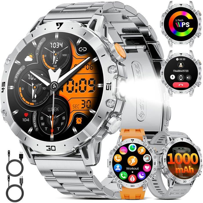 Montre Connectée Homme 1000Mah Longue Autonomie Batterie/1.7Grand Écran Avec Appels/Lampe De Poche/Ip68 Étanche 3 Bracelet