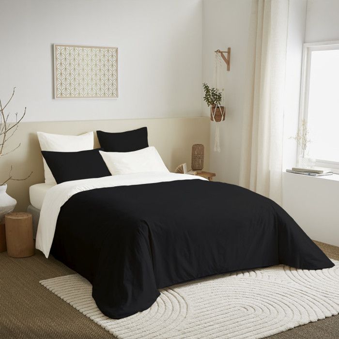 Pack complet 6 pi&egrave;ces Noir/Blanc housse de couette pour lit 160 x 200 cm 100% coton / 57 fils/cm&sup2;