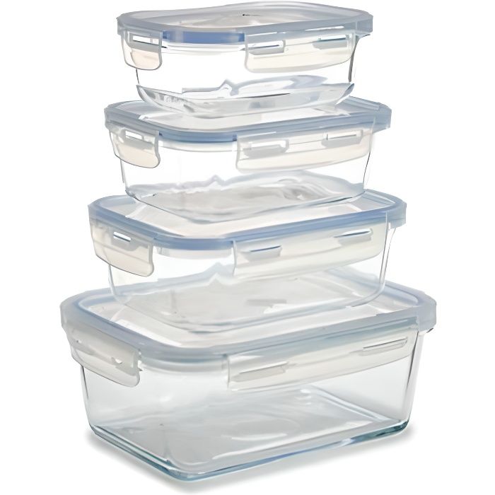 Set de 4 Boîtes de Conservation Rectangulaires en Verre avec Couvercles Hermétiques 0,000000 Transparent