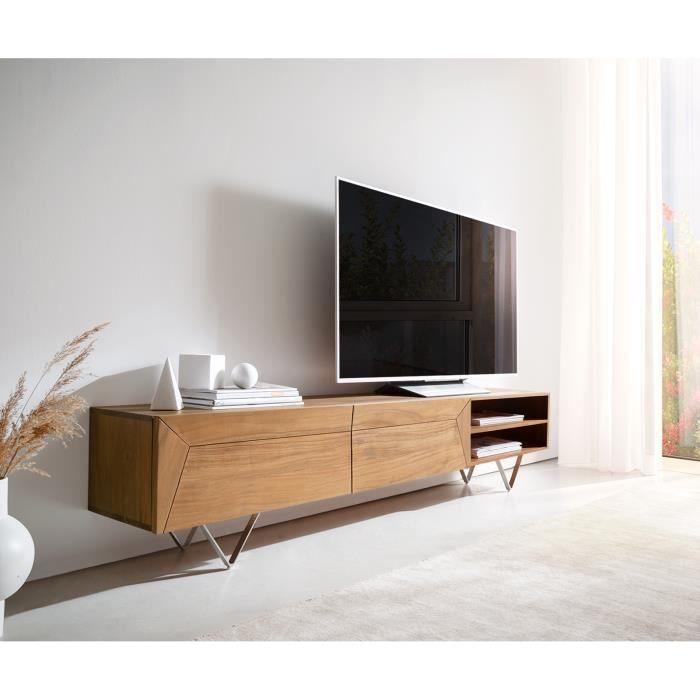 meuble-tv kayu 160 cm acacia naturel 2 portes pied en v