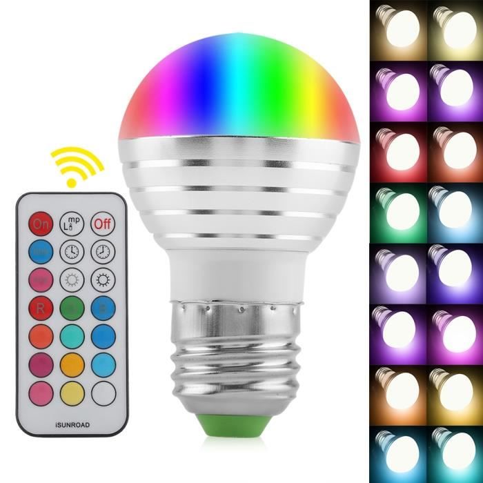 Culot E27 Lampe à LED 16 couleurs changeantes avec télécommande sans fil 3W